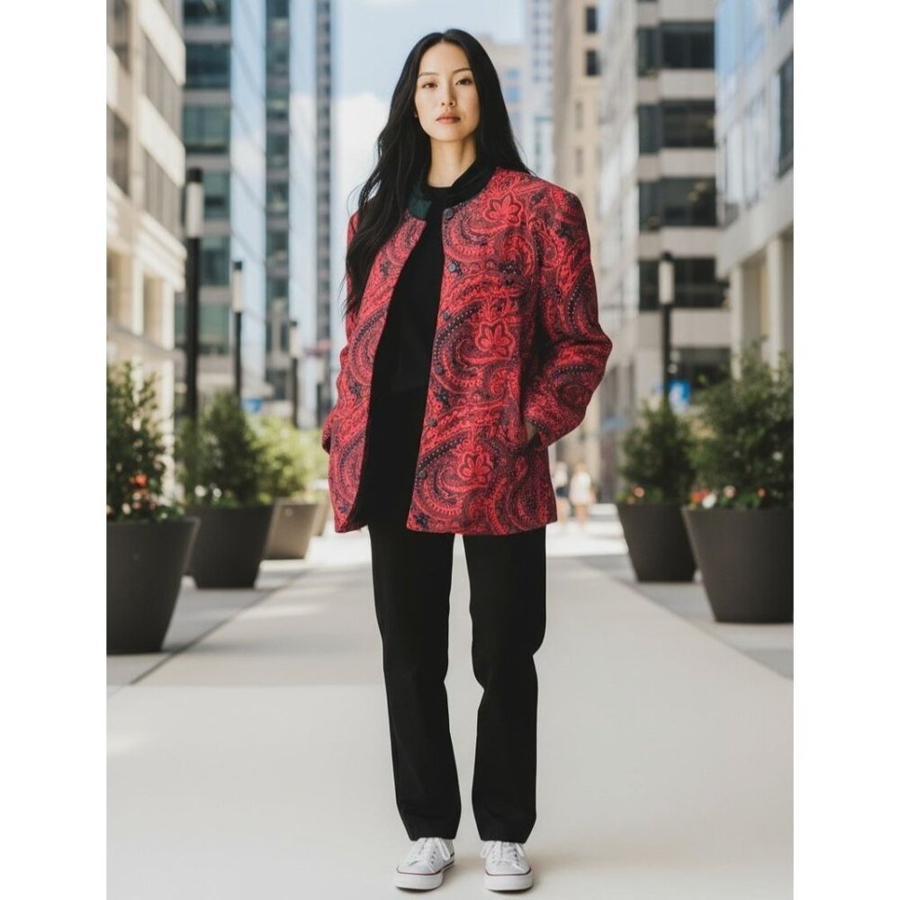 Vintage Koret Jacket Blazer Womens 14 Red Black Paisley Retro Glam Boho Chic